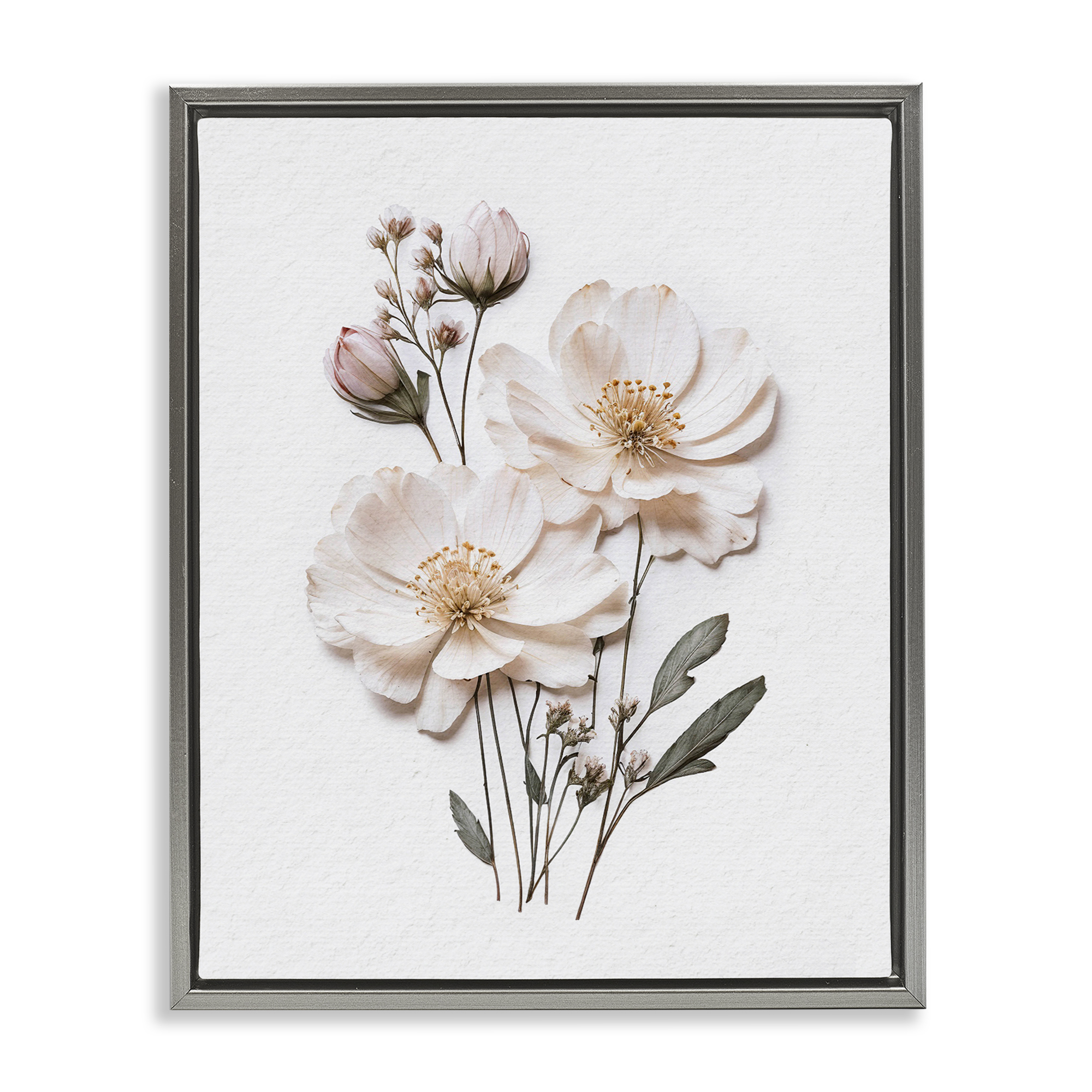 Elegant Pressed Flowers Gray Framed Floater Canvas Wall Art, design by Lettered and Lined