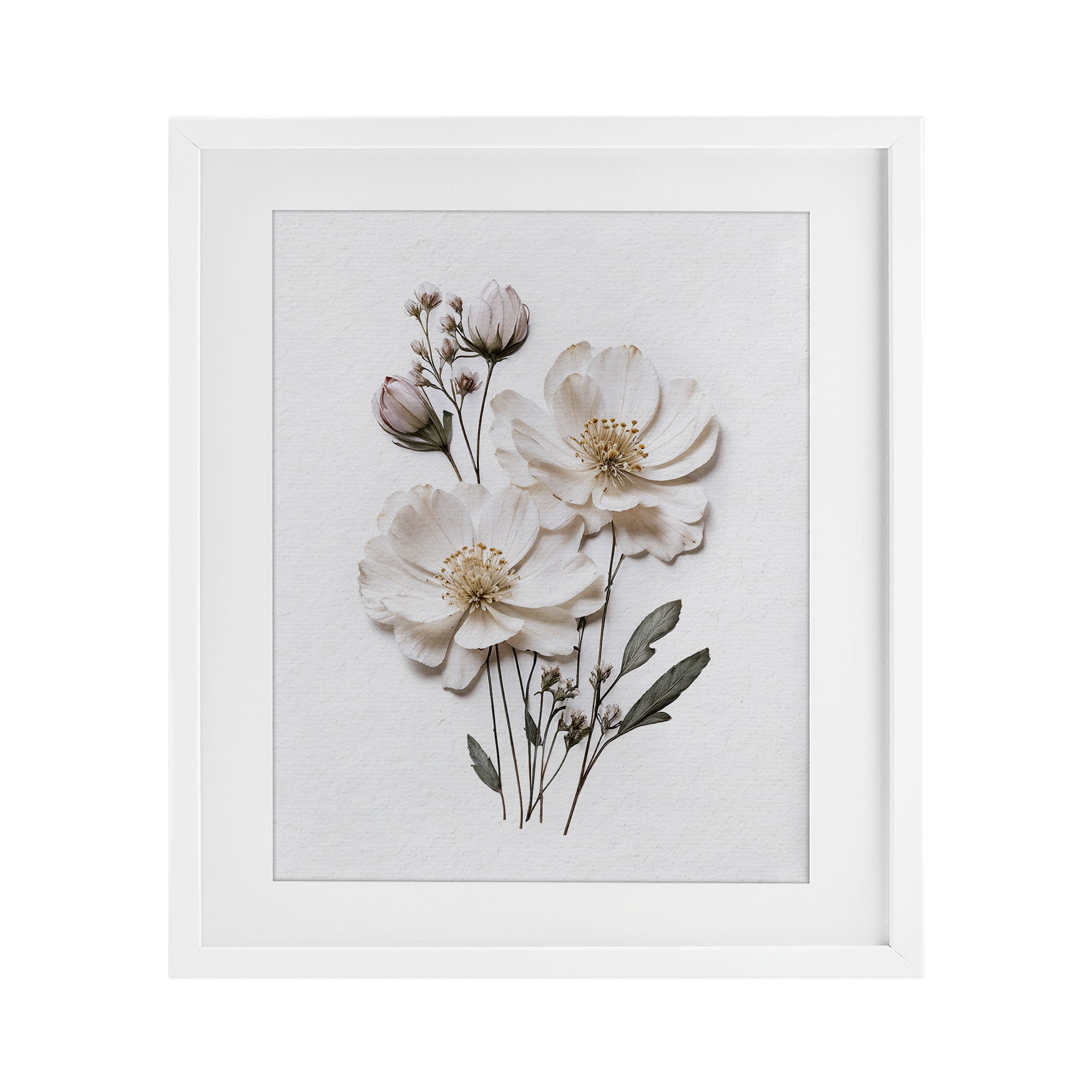 Elegant Pressed Flowers White Framed Print Under Glass, design by Lettered and Lined