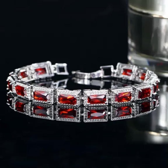 Elegant Princess Cut Cubic Zirconia Red Stone Bracelet Bangle for Brides Wedding