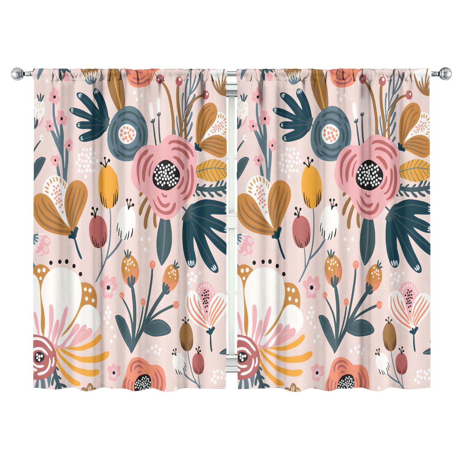 Elegant Printed Blackout Curtains 52x84 Inch Rod Pocket Drapes 2 Panels, Floral Design for Light Filtering