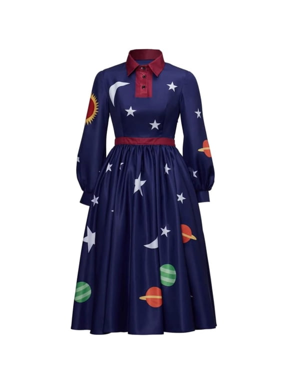 Elegant Printed Blue Dress Solar System Long Sleeves Dress