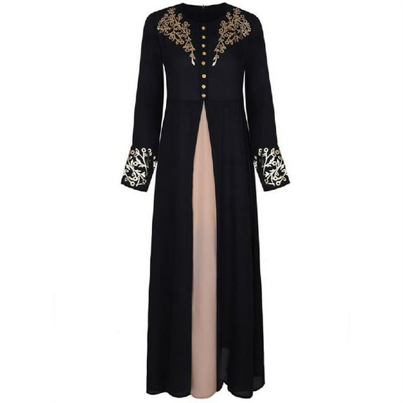 Elegant Printed Dresses Abayas Robe Patchwork with Button for Womens