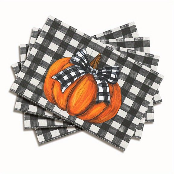 Elegant Pumpkin Placemats 4pcs Large Elegant Orange Pumpkin Placemats Washable Linen with Black & White Checkered Border for Halloween, Thanksgiving, Fall Dining Decor 12x18