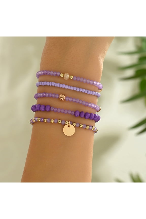 Elegant Purple Crystal Pearl Bracelet Set 5 Piece Elastic Alloy Disc Pendant Holiday Christmas Gift for Women-gifts for women