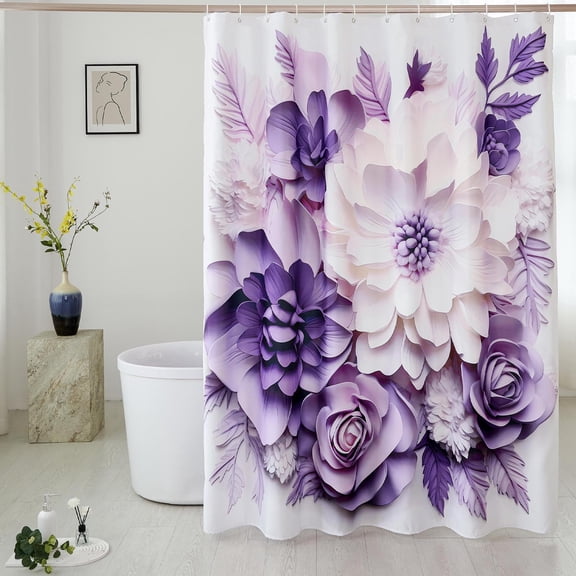 Elegant Purple Floral Shower Curtain, Modern Romantic Blooms and Leaf Accents Fabric Bathroom Decor, Waterproof & Washable Shower Curtain Set with Hooks, 72x72 Inch