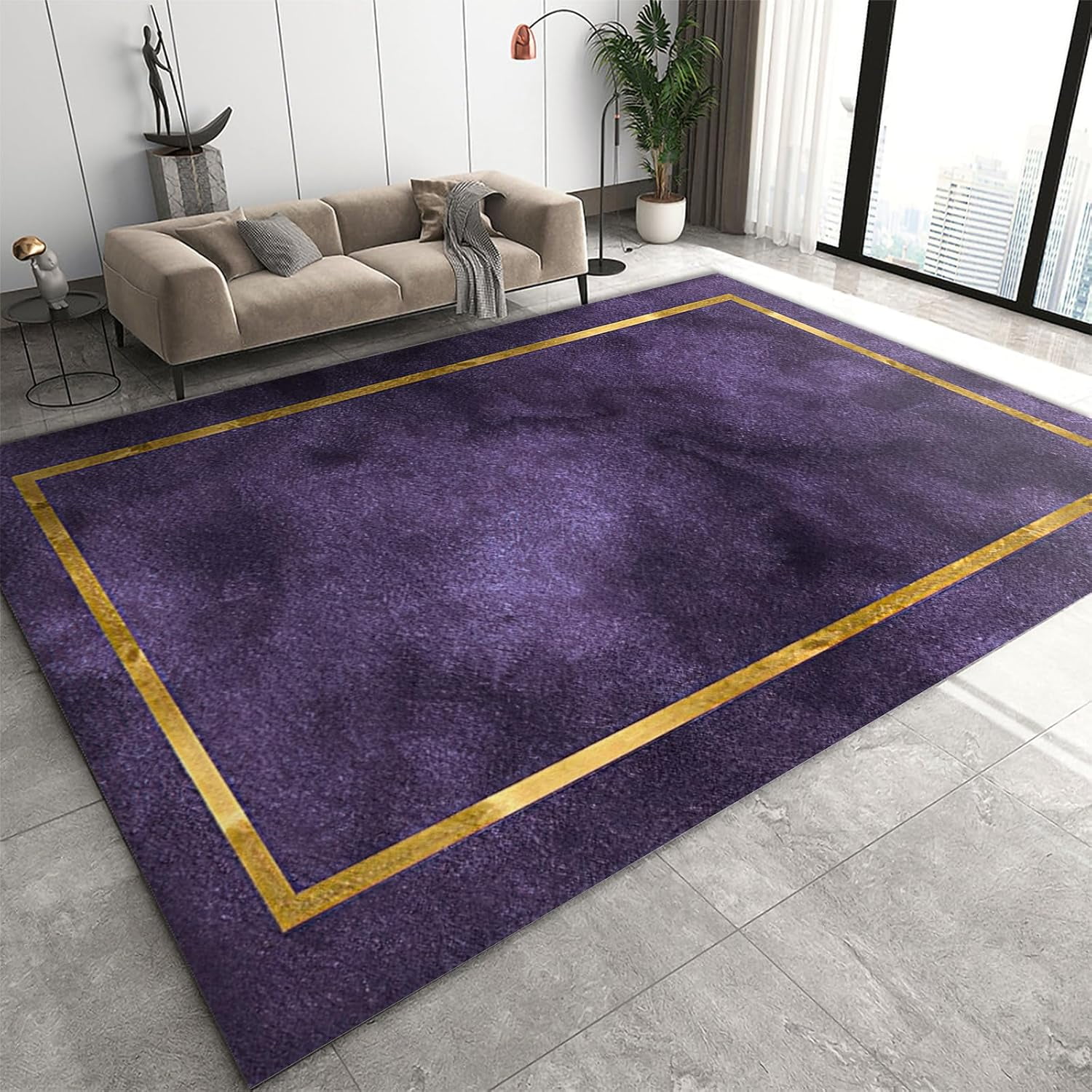 Modern Light Luxury Rugs for Living Room, Purple and Gold Geometric ...
