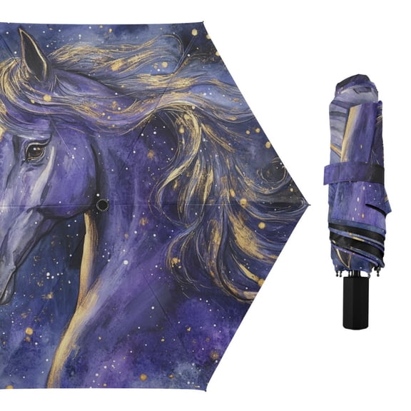 Elegant Purple Golden Horse All Weather Umbrella Triple Folding Parasol 6 Ribs UV Protection Portable