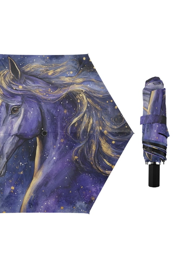 Elegant Purple Golden Horse All Weather Umbrella Triple Folding Parasol 6 Ribs UV Protection Portable