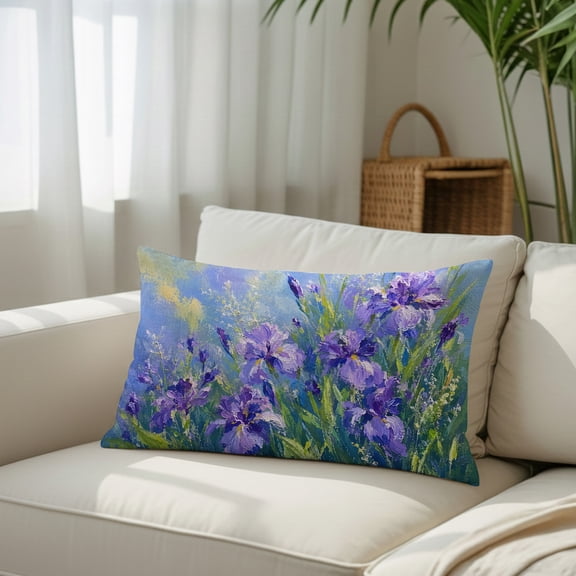 Elegant Purple Iris Flowers Throw Pillow Covers, Decorative Pillow Covers With Hidden Zipper Soft Brushed Microfiber Fabric, Oil Style Floral Art Pillowcases for Couch Bed 12x20in