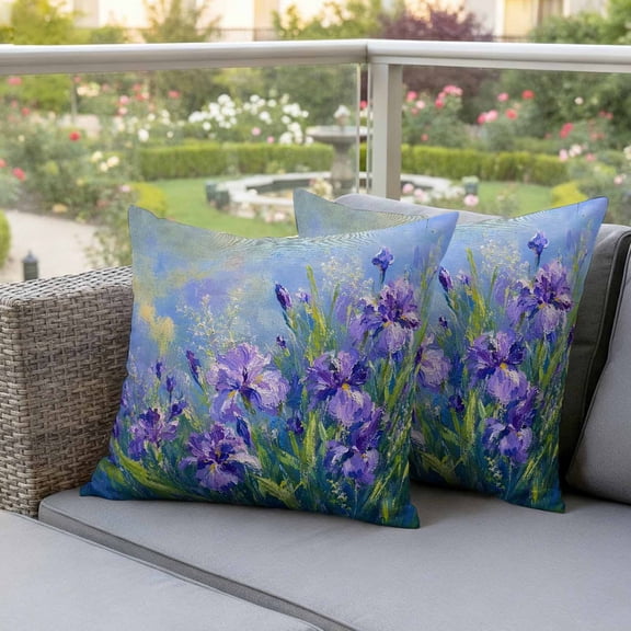 Elegant Purple Iris Flowers Waterproof Throw Pillow Covers Set of 2 Oil Style Floral Art Outdoor Cushion Cover Pillow Protector Decorative Pillowcases for Bed Sofa Couch