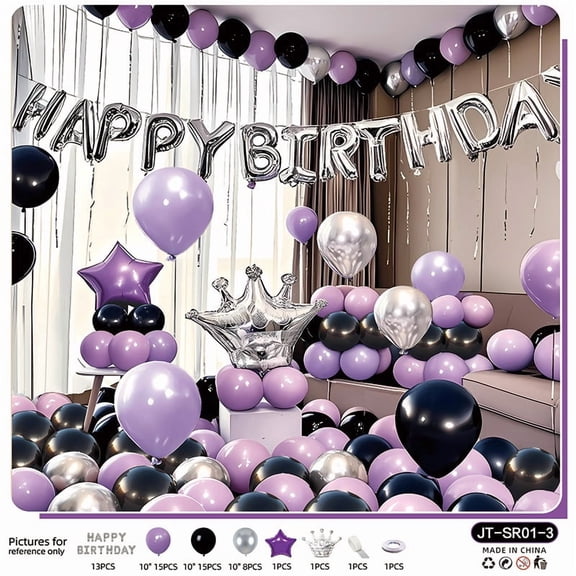 Elegant Purple Silver Crown Balloon Set - Stylish Black and White Balloons for Celebrations