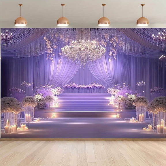 Elegant Purple Stage Wedding Backdrop Luxurious Chandelier Floral Bridal Shower Photography Background Purple Curtain Engagement Party Decorations Banner Supplies Photo Booth Props