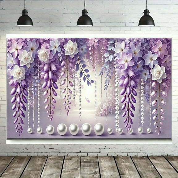 Elegant Purple Wisteria Pearl Backdrop Lush Floral Lilac Wedding Bridal Shower Ceremony Photography Background Iridescent Beads Pearls Baby Shower Birthday Party Decorations Photo Booth Props
