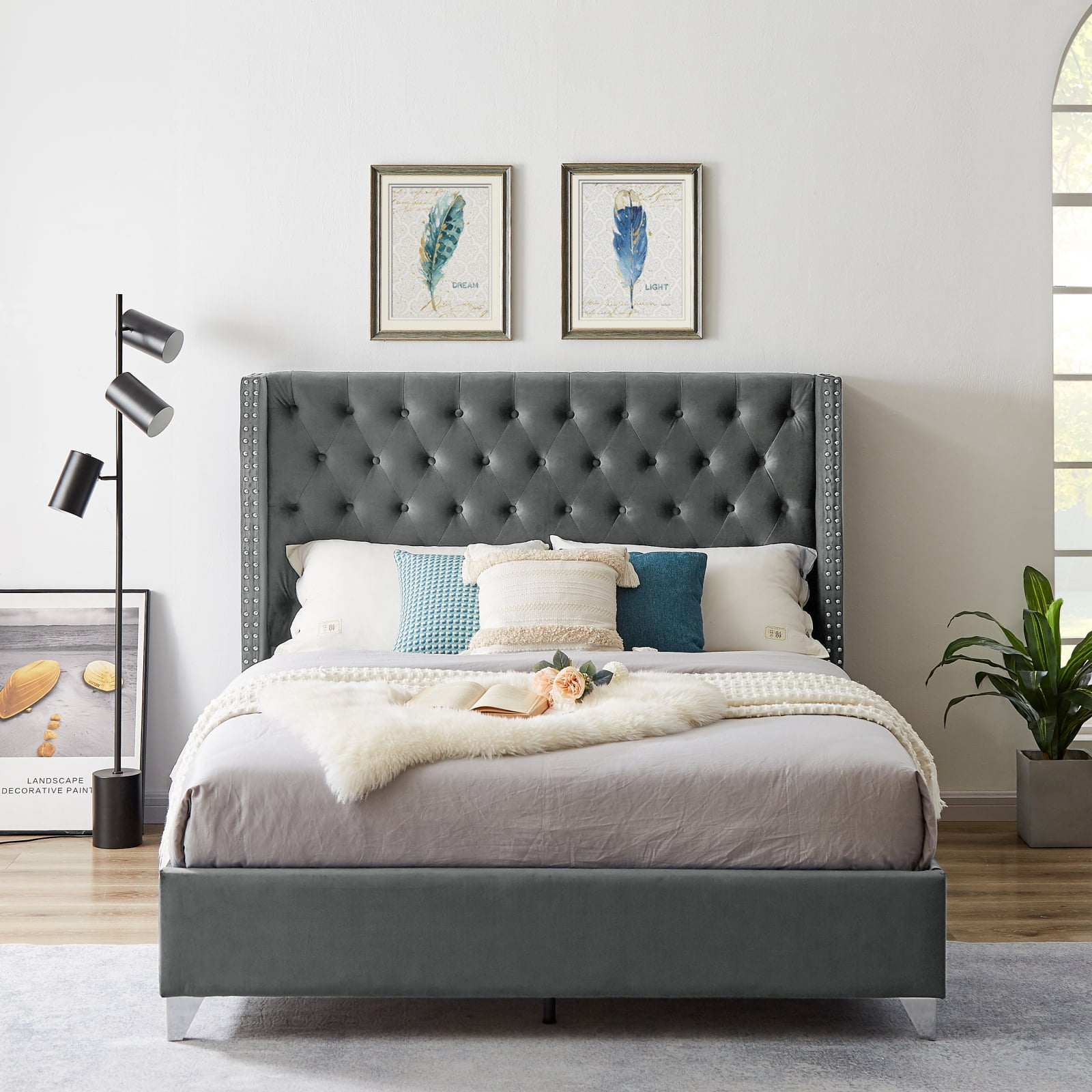 Elegant Queen Bed with ButtonDesigned Headboard Gray Flannelette
