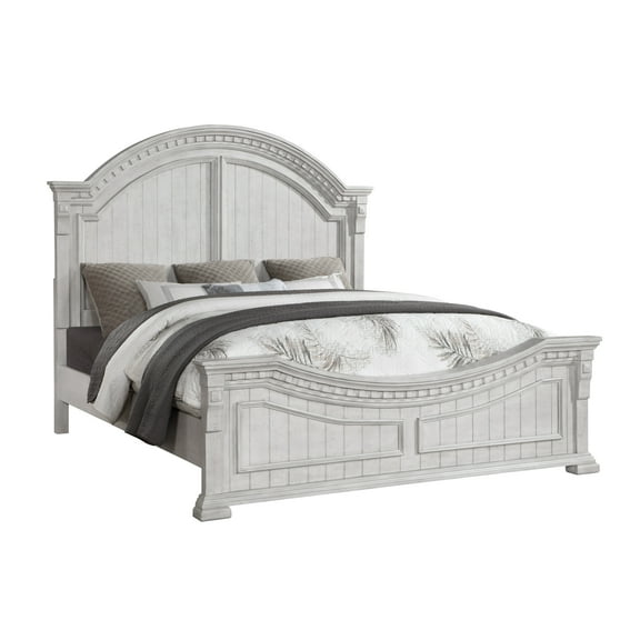 Antique White Queen Size Bed With Robust Wood Frame Transitional Curved Shelter Headboard And