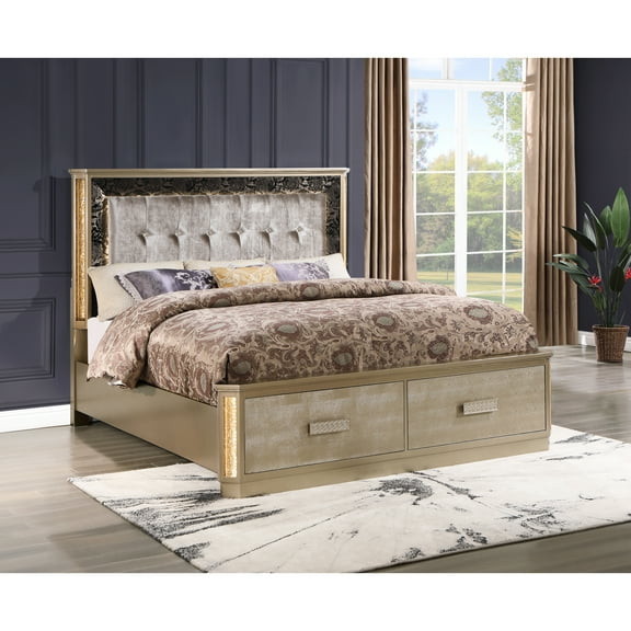 Elegant Queen Bed In Gold With Fashionable Headboard - Wood Crystal Construction For Bedroom