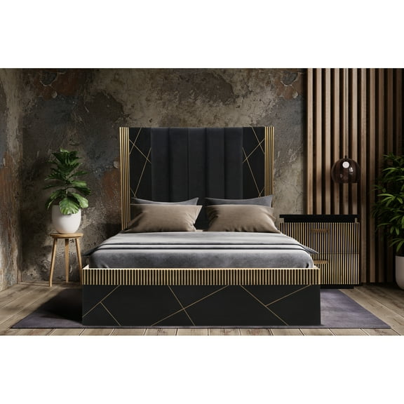 Elegant Queen Bed: Mango Wood And Metal In Black Aesthetic Contemporary With Finish Details