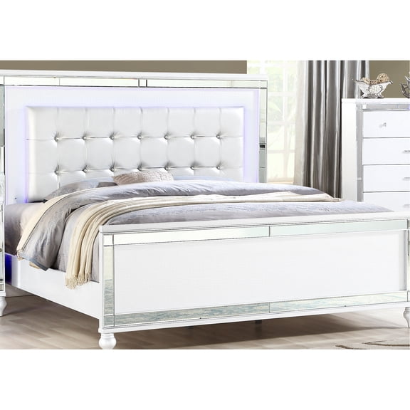 Elegant Queen Bed With White Upholstery, Crystal Headboard And Led Lighted Glamourous Headboard, Upholstery In Modern Design