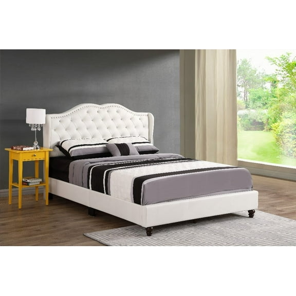 Elegant Queen Bed in White with 50"H x 66"W x 86"D Dimensions & Soft Upholstery