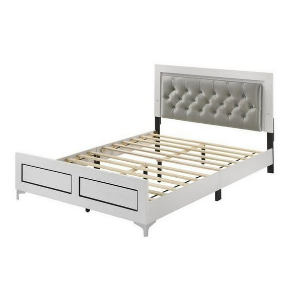 Benjara Elegant Queen Size Bed, LED Trim, Button Tufted Headboard, White