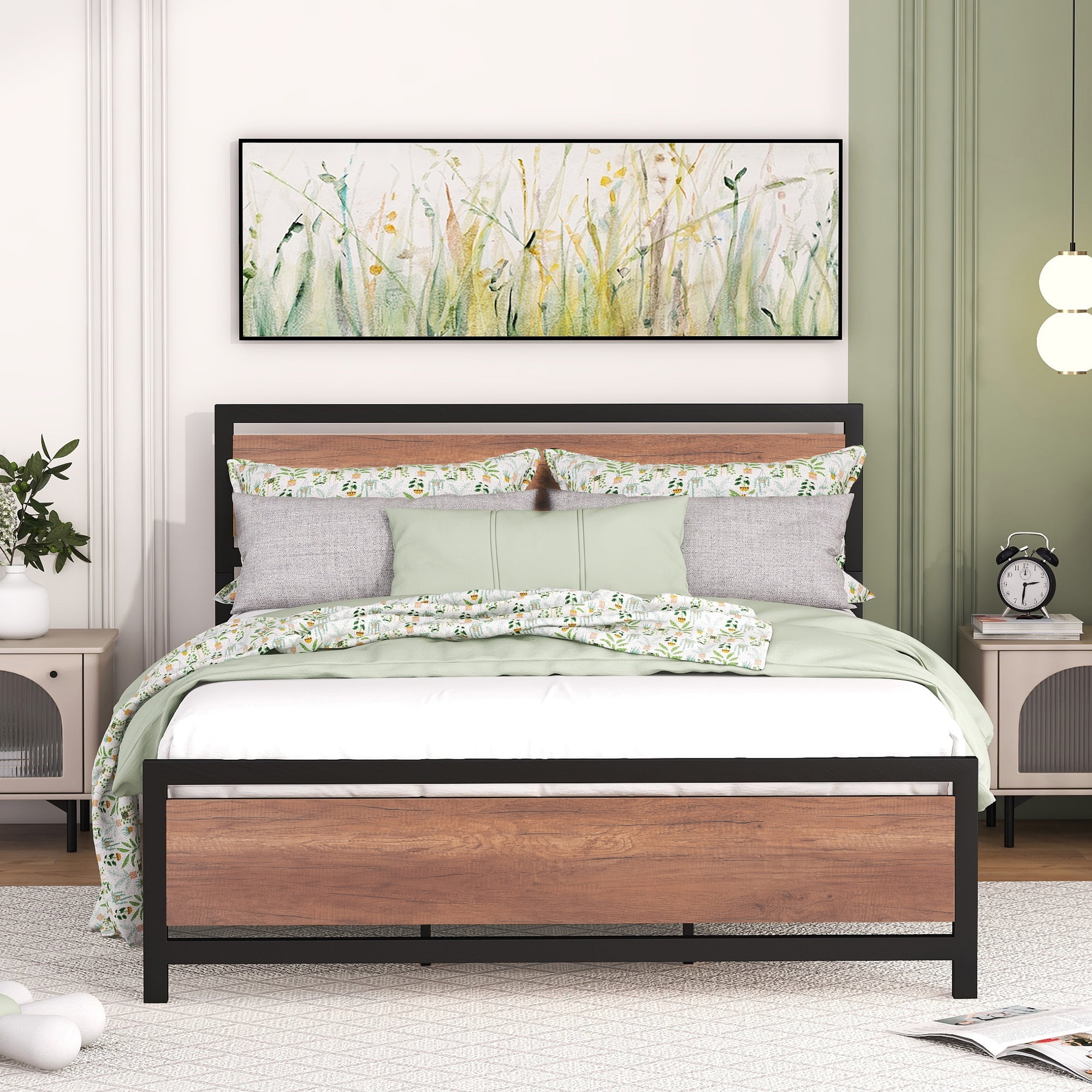 Elegant Queen Size Metal and Wood Platform Bed Frame with Headboard and ...