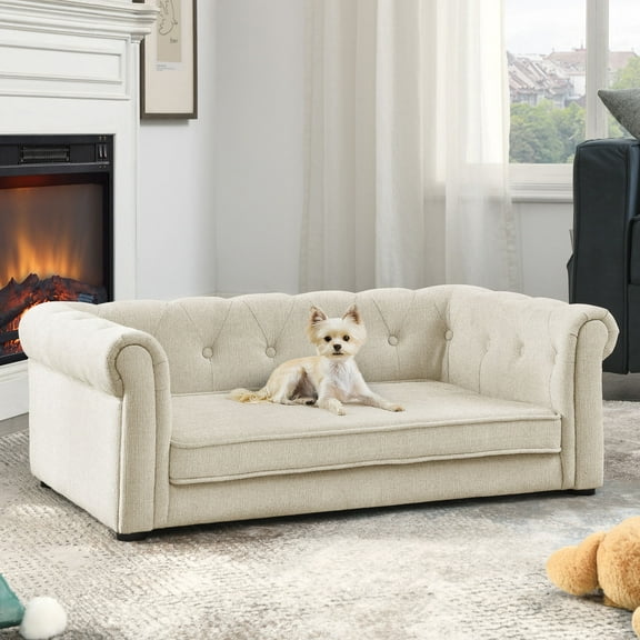 Elegant Rectangle Pet Bed, Durable Elevated Dog Sofa Bed, Comfortable Dog Couch, Beige Foam.