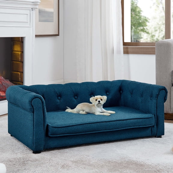 Elegant Rectangle Pet Bed, Durable Elevated Dog Sofa Bed, Comfortable Dog Couch, Blue Foam.