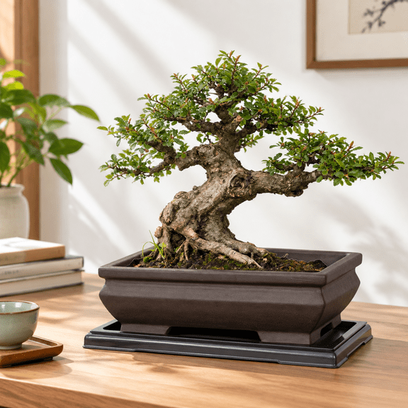 Elegant Rectangle Unglazed Ceramic Bonsai Planter with Drain Tray
