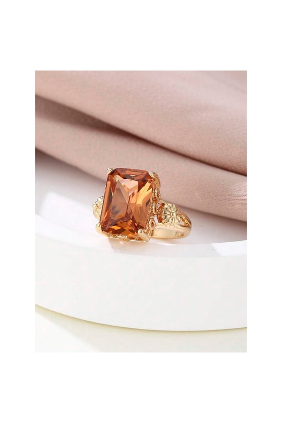 Elegant Rectangular Cut Synthetic Zirconia Ring In Amber Tone Goldtone Setting, Color Variant 9