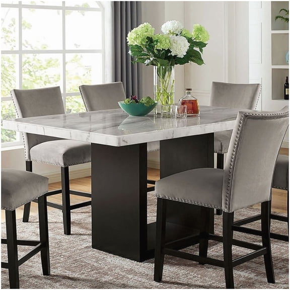 Elegant Rectangular Dining Table, Genuine Marble Top with Dark Wood Base, Counter Height