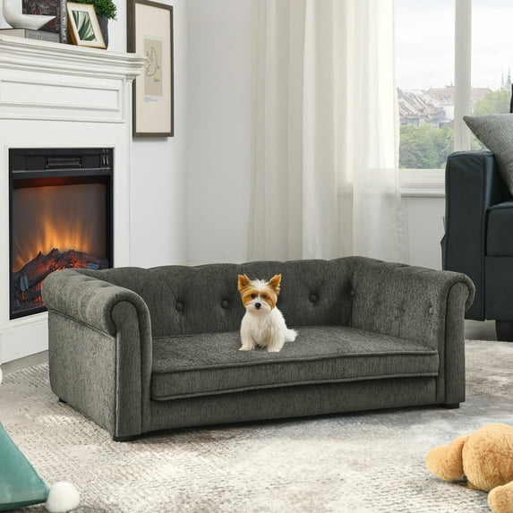 Elegant Rectangular Elevated Dog Sofa Bed, Durable Linen Fabric Pet Bed for Small & Medium Dogs