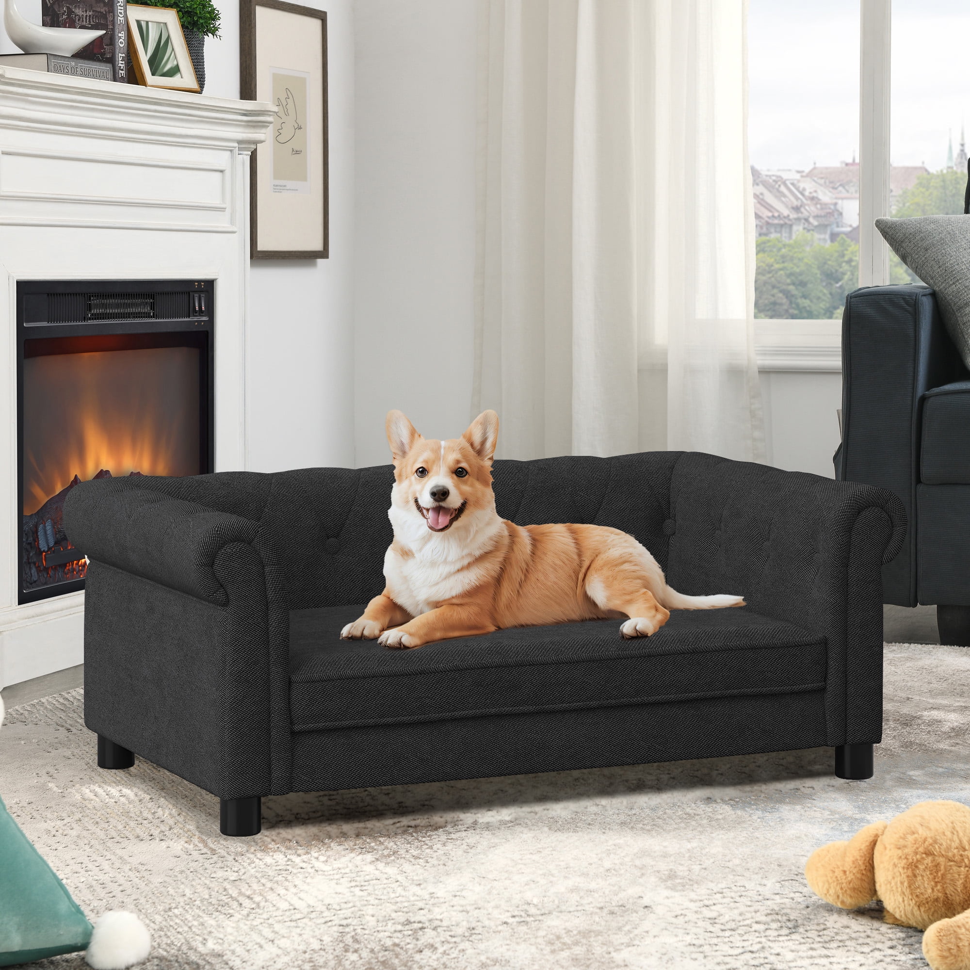 Elegant Rectangular Elevated Dog Sofa Bed, Modern Linen Fabric Pet Bed for Small to Medium Dogs, Black