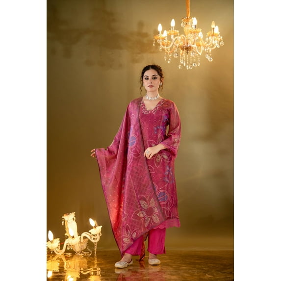 Elegant Red A-Line Kurta Set With Embroidered neck And Floral Bandhani Print