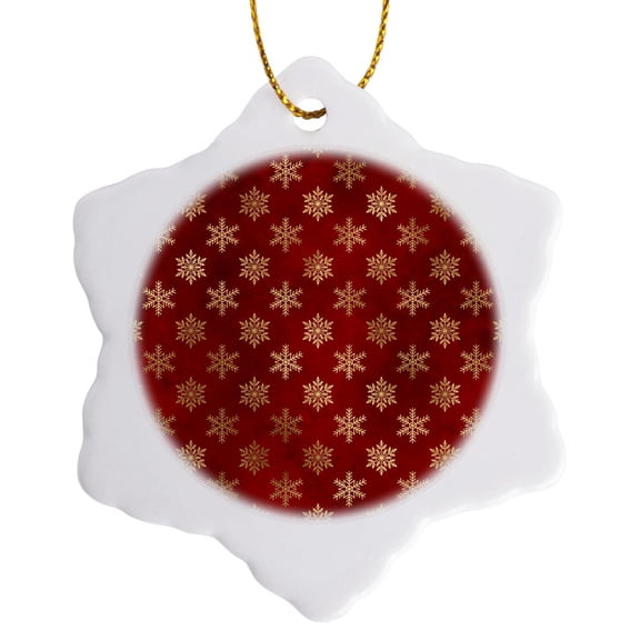 3drose, Elegant Red and Image of Gold Fancy Snowflakes Pattern, 3 inch Snowflake Porcelain Ornament