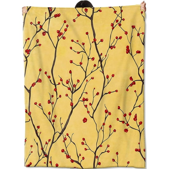 Elegant Red Berry Branch Blanket Gifts for Kids Women Adult Girls,Minimalist Nature Throw Blankets,Soft Comfy Lightweight for Home Couch Bed Sofa Boho Decor 50x60in