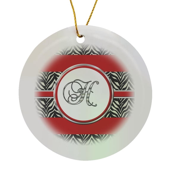 3drose, Elegant Red Black Zebra Animal Print Monogram Letter H, Circle Porcelain Ornament