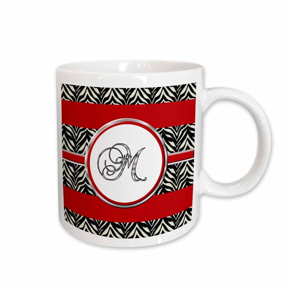 3drose, Elegant Red Black Zebra Animal Print Monogram Letter M, 15oz Mug