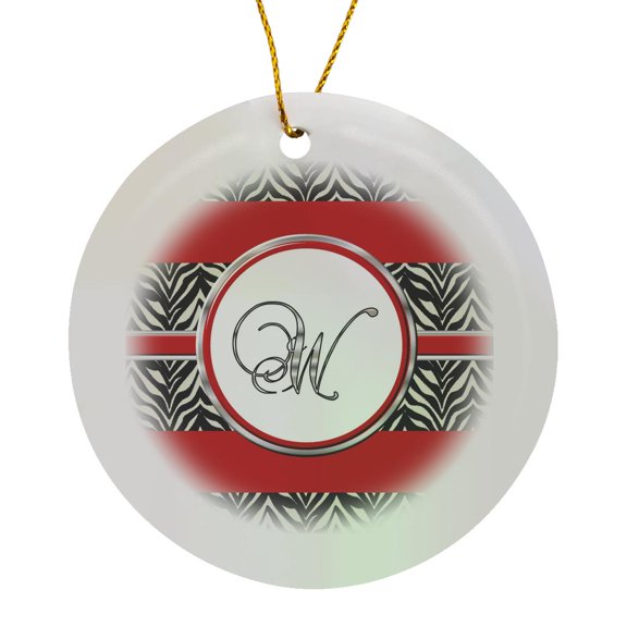 Elegant Red Black Zebra Animal Print Monogram Letter W, Circle Porcelain Ornament