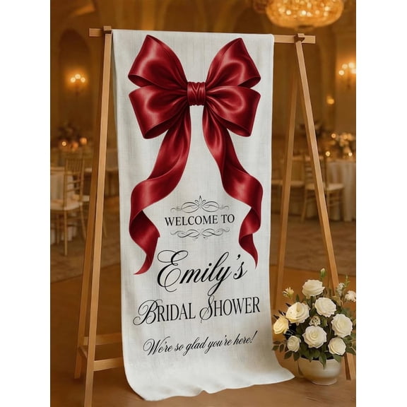Elegant Red Bow Bridal Shower Fabric Banner, Custom Name Welcome Sign, Personalized Party Backdrop, Bride Gift