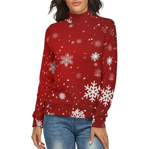 Elegant Red Christmas with Snowflake Women's Turtleneck Sweater Long Sleeve Ribbed Fitted Turtle Neck Casual Fall Winter Collection Top M