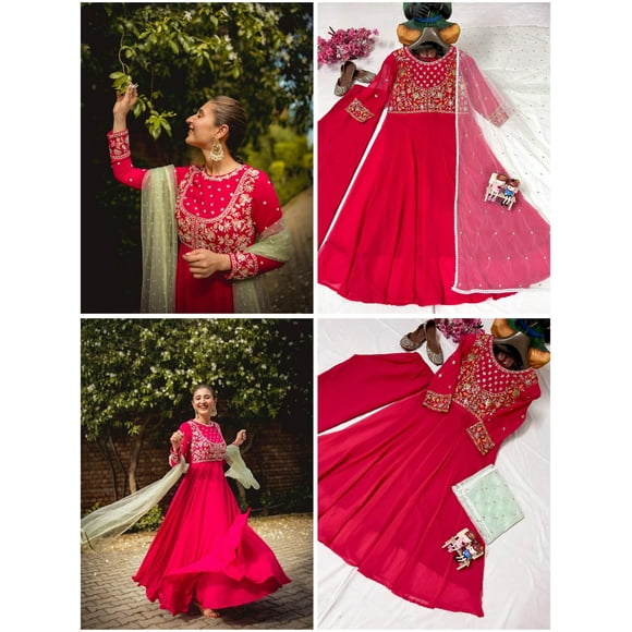 Elegant Red Cotton Anarkali Suit Adorned with Intricate Embroidery Stunning Floral Dupatta, Perfect for Festive and Traditional Occasions-L