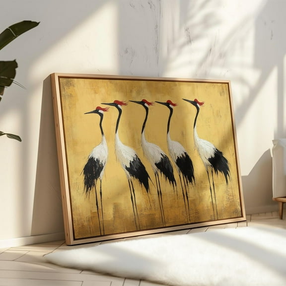 Elegant Red-Crowned Crane Wall Art – Minimalist Wildlife Painting On Golden Background, Asian-Inspired Modern Bird Decor Wall Art, Modern Wall Decor, 24x36 UNFRAMED