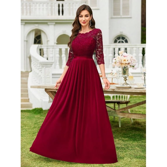 Elegant Red Floral Lace Chiffon Maxi Dress With 3/4 Sleeves And Pleated Hem, Formal Gown For Wedding Guest Or Cocktail Party