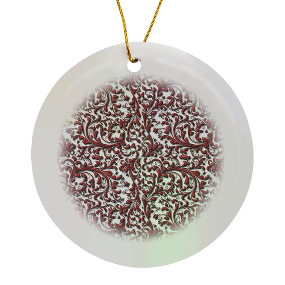 3drose, Elegant Red Flourish Pattern, Circle Porcelain Ornament