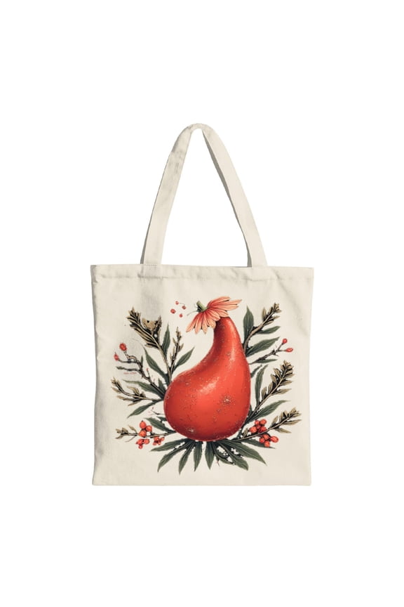 Elegant Red Pear Tote Bag - Natural Design with Green Leaves & Berries Perfect for Shopping Travel & Parties - Reusable Canvas Bag