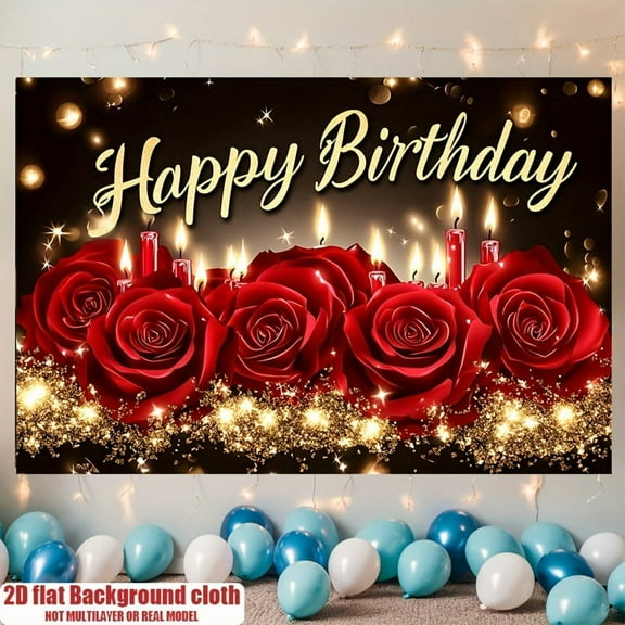 Elegant Red Rose Birthday Backdrop Golden Sparkle Happy Birthday Photography Background Red Candle Floral Birthday Party Decorations Banner Supplies Photo Booth Props