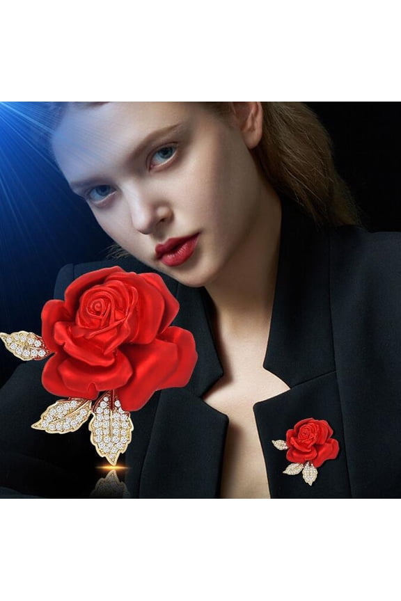 Elegant Red Rose Brooch Pin with Crystal Accents, Romantic Zinc Alloy Floral Lapel Pin for Bridal Accessories, Alloy Plant-Themed Luxurious Fashion Jewelry