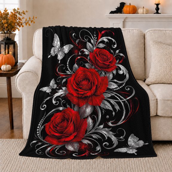 Elegant Red Roses Floral Design Silver Scrollwork Butterflies, Warm Flannel Blanket for Living Room and Reading Nook, Festive autumn celebration Scene, Art Lovers autumn celebration Gift