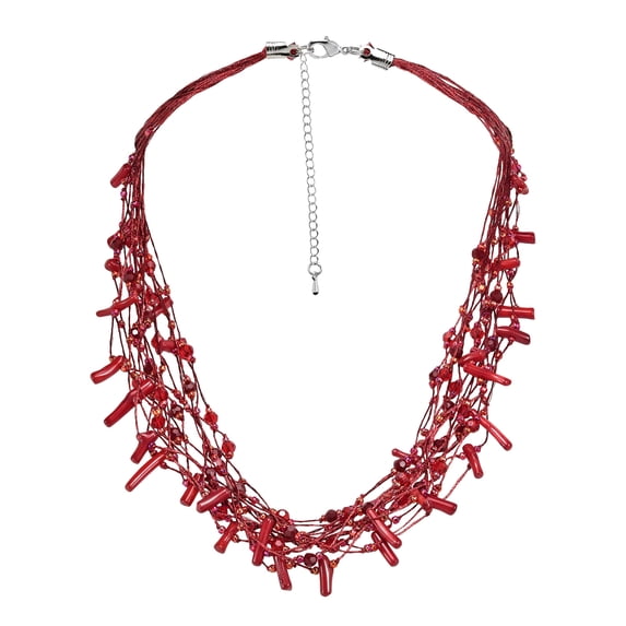 Elegant Red Synthetic Coral & Crystals on Silk Multi-Layered Statement Necklace