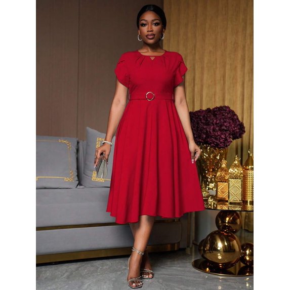 Elegant Red Womens Dress With Round Neck, Pleated Puff Sleeves, And Waist Belt Decor